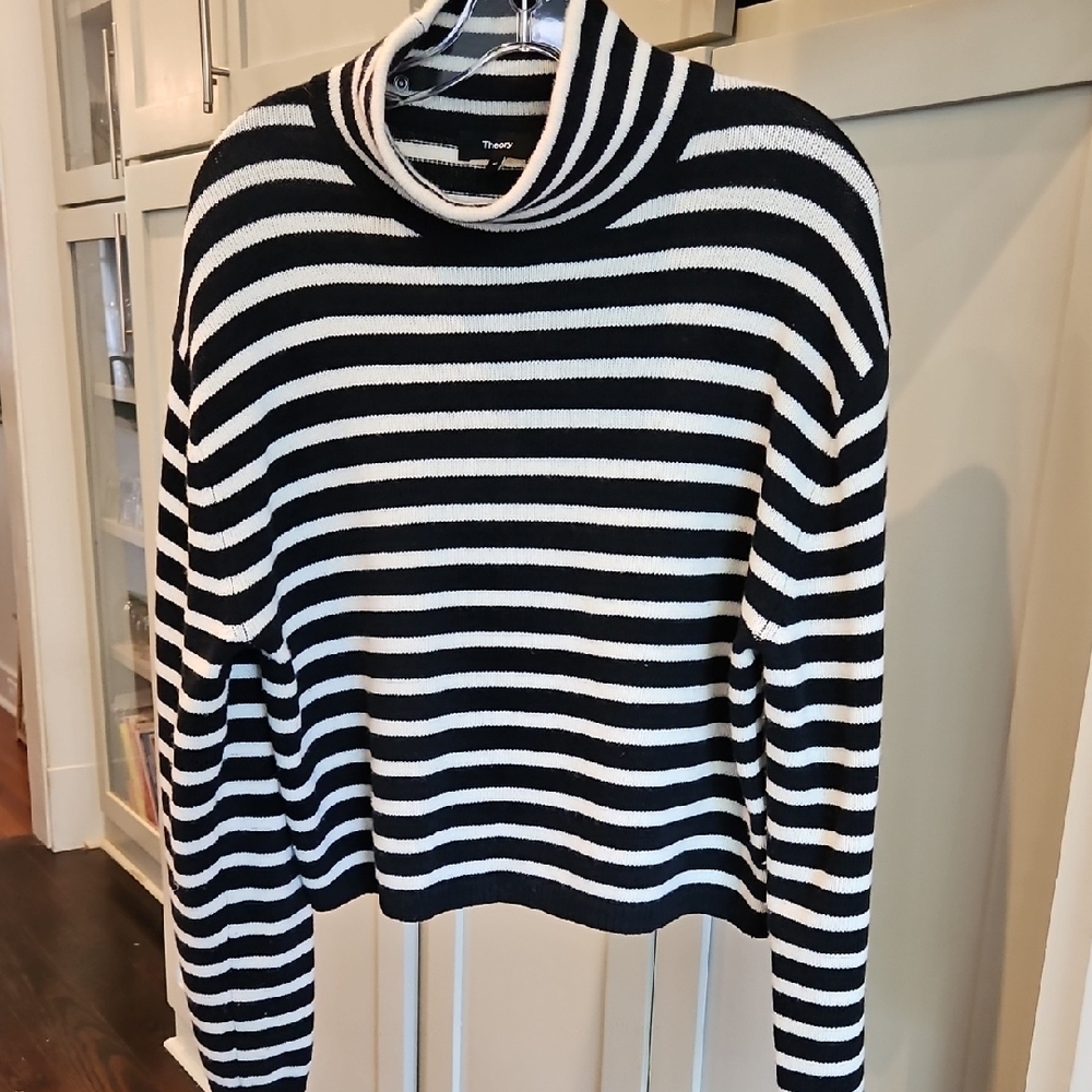 Theory Striped Cowl Neck Sweater in Dark Navy and White